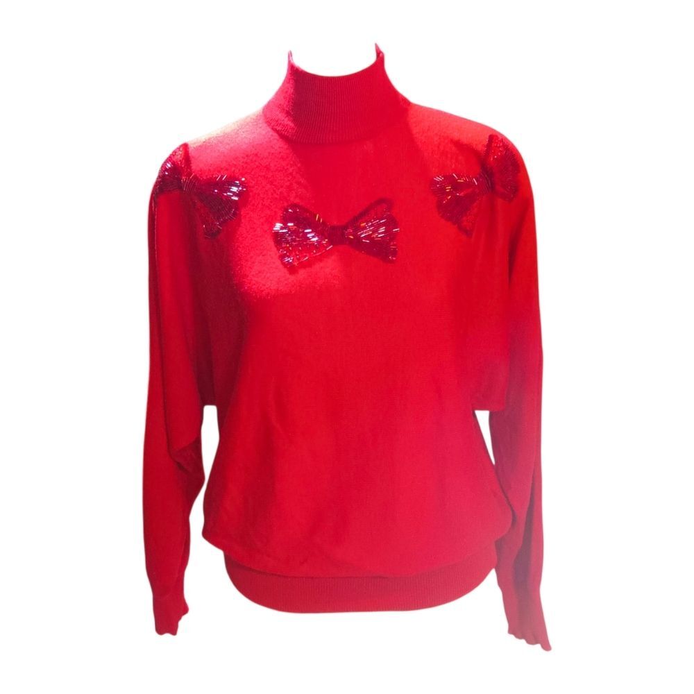 Vintage 90s Country Suburbans Red Christmas Sweater with Beaded Bows Sz M